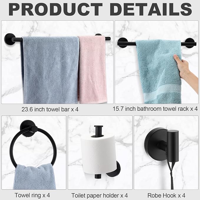 Gisafai 20 Pcs Bathroom Hardware Set, 23.6 Inch Brushed Towel Bar Ring Toilet - Image 3