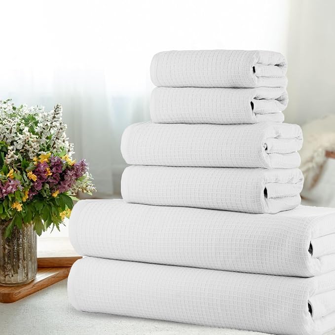 CASA COPENHAGEN Waffle Towel, 6Pieces 100% Cotton Large Towel Set- White - Image 2