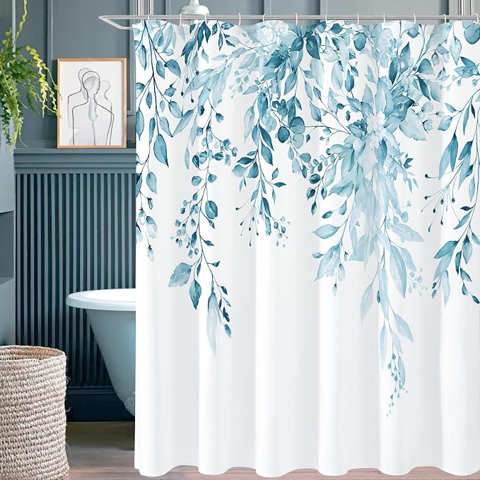 Gibelle Long Shower Curtain 72 x 78, Tall Spa Blue Floral Shower Curtain by Gibelle