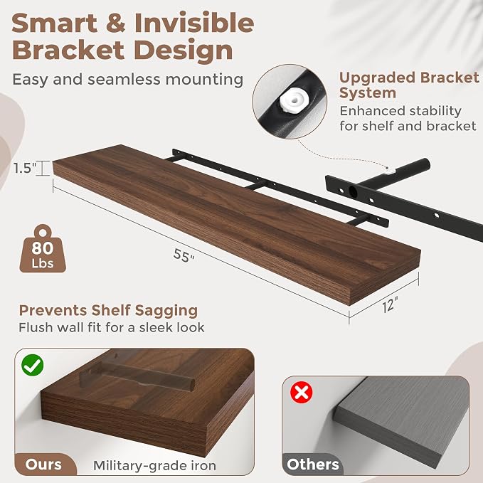 55 Inch Long Floating Shelves for Wall Set of 2, Easy Install Engineered Wood - Image 3
