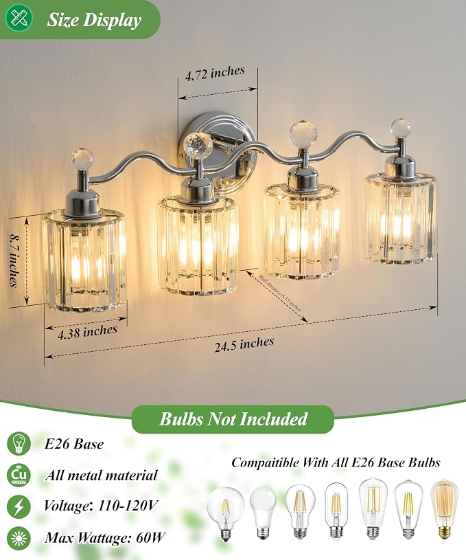 Chrome Bathroom Vanity Light, Modern Crystal Bathroom Ligth Fixture, 4 Light - Image 2