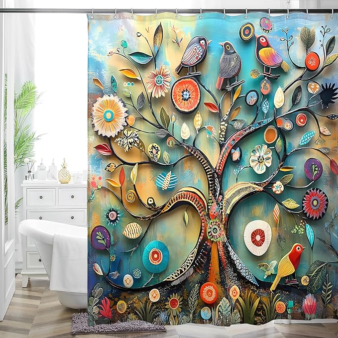 Bohemian Shower Curtain, Boho Floral Print Water Repellent Polyester Fabric by WCWahChunshowercurtains