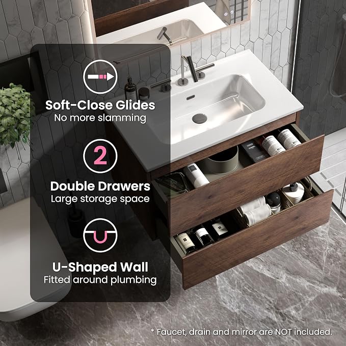 30" Bathroom Vanity with Sink, Modern Floating Vanity with Double Soft Closing - Image 5