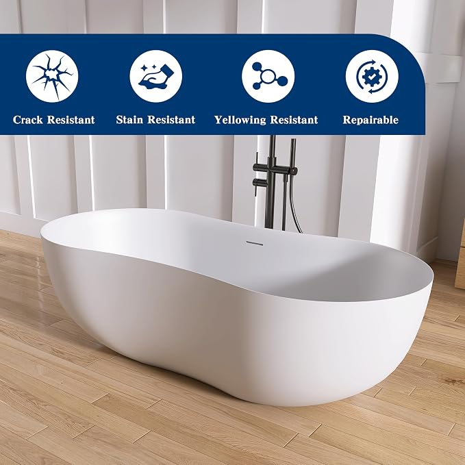 67 Inch Stone Resin Freestanding Bathtub, Contemporary Peanut Oval Stand Alone - Image 4