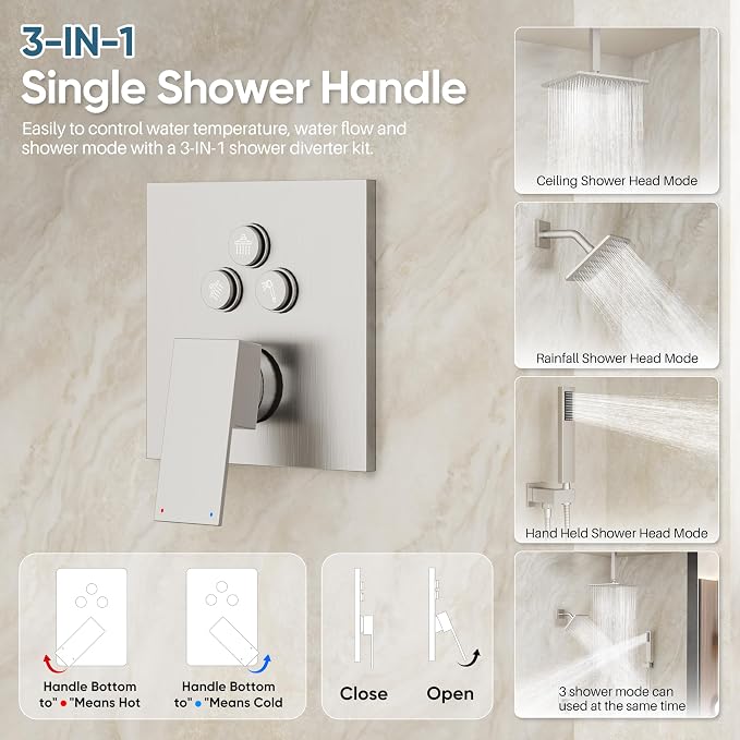 Nickel Shower System, Brushed Nickel Shower Faucet Set, 3 In 1 Push Button - Image 7