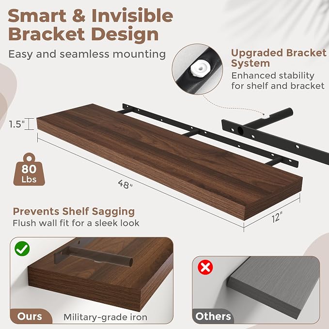 48 Inch Long Floating Shelves for Wall Set of 2, Easy Install Engineered Wood - Image 3