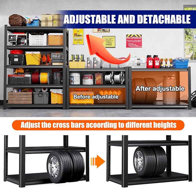 71" H-46 W Garage Shelving, 5-Tier Heavy Duty Storage Shelves, Adjustable Metal - Image 6