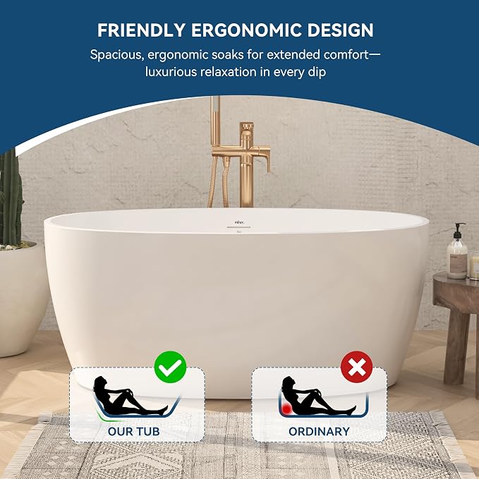 FerdY Tahiti 55" Acrylic Freestanding Bathtub, Elegant Oval Shape Soaking - Image 6