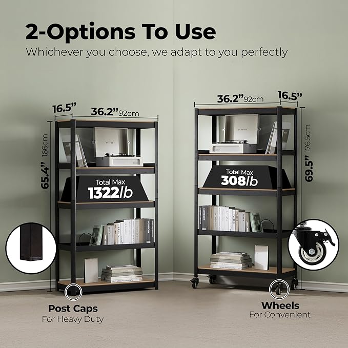 HOMEDANT House 36.2" 5-Tier Metal Rolling Cart Shelf Rack Casters Heavy Duty - Image 2