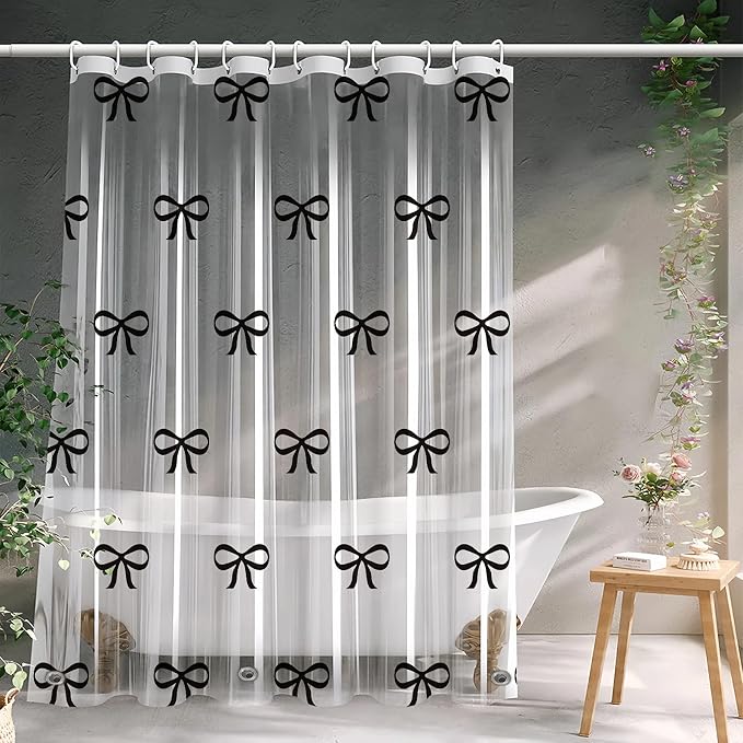 Clear Cute Black Bow Shower Curtain Liner, Plastic Transparent Girly Fancy by CAPQL