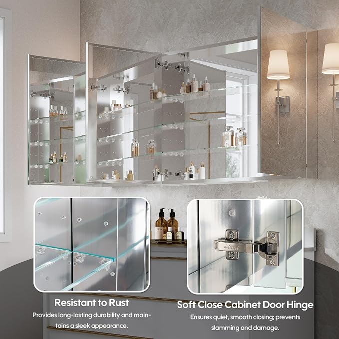 WELLFOR 60" x 30" Bathroom Medicine Cabinet, Anodized Chrome Aluminum Frame - Image 4