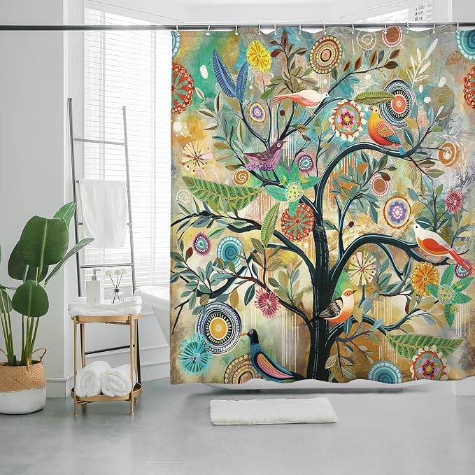 Bohemian Shower Curtain, Boho Floral Print Water Repellent Polyester Fabric - Image 4