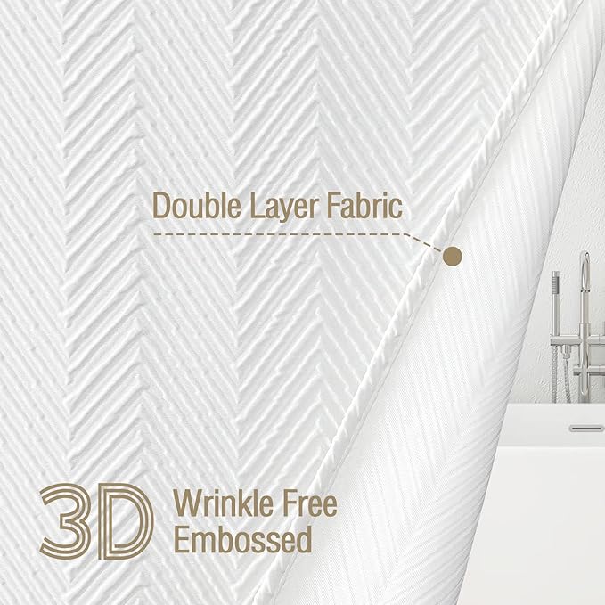 Gibelle White Shower Curtain, 3D Embossed Textured Herringbone Fabric Modern - Image 2