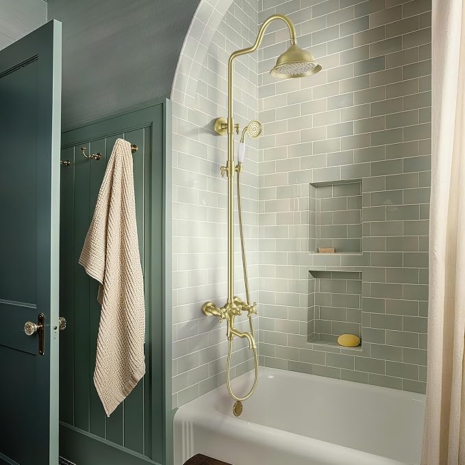 Exposed Shower System Brushed Gold, Antique Brass Shower Faucet Set - Image 7