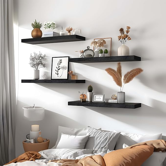 Black Wood Floating Shelves for Wall Rustic Wall Shelves for Bedroom Set of 6 - Image 4