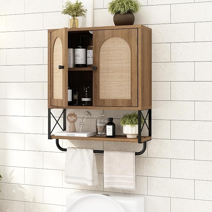 RUSTOWN Rattan Bathroom Wall Cabinet, Boho Over The Toilet Storage Cabinet - Image 4