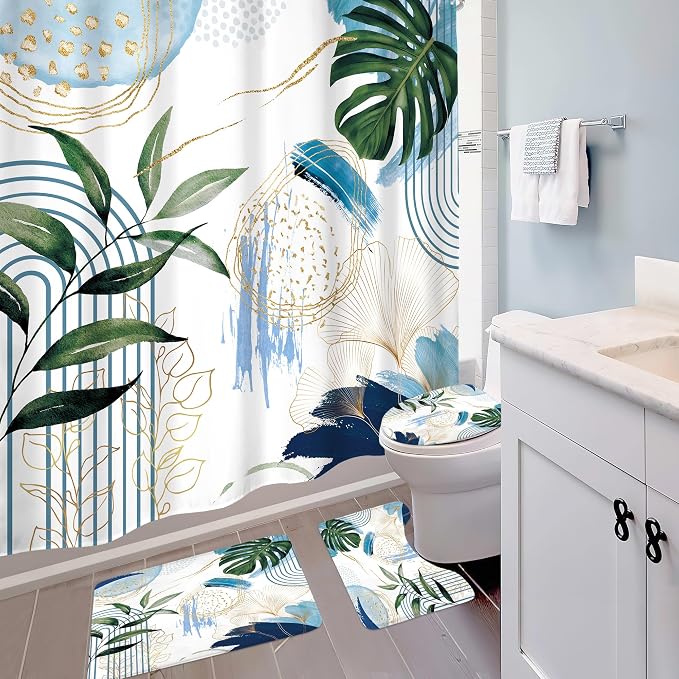 4 PCS Blue Boho Shower Curtain Set 72Wx72H Non-Slip Bath Rug Toilet Lid Cover - Image 3