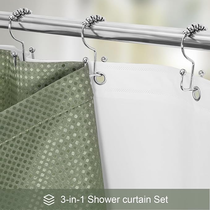 3 in 1 Shower Curtain Set, Sage Green Waffle Shower Curtain and PEVA Liner Set - Image 2