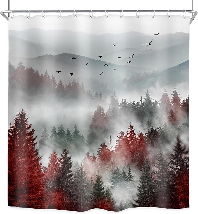 Riyidecor Red Black Mountain Shower Curtain 72Wx72H Inch Nature Scenery Foggy - Image 8