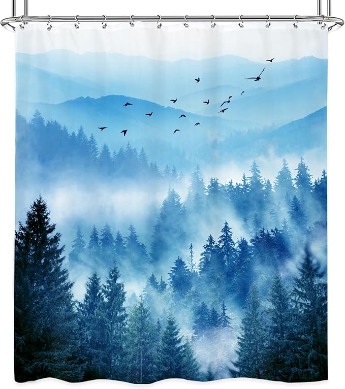 Riyidecor Mountain Shower Curtain 60Wx72H Inch Blue Foggy Nature Scenery Smokey - Image 6