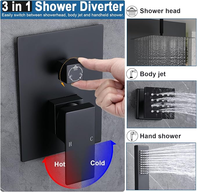 Enga 12 Inch Ceiling Mount Matte Black Shower System - Image 2