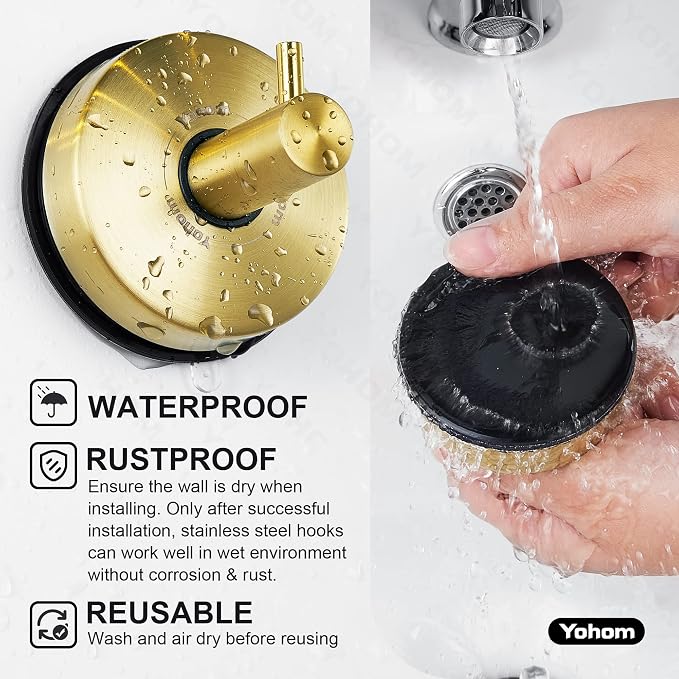 YOHOM Suction Cup Hooks for Shower Gold Towel Holder Stainless Steel Vacuum - Image 3