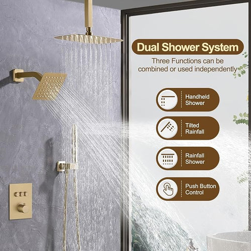 12 Inch Rain Shower System, Brushed Gold Shower Faucet Set - Image 2