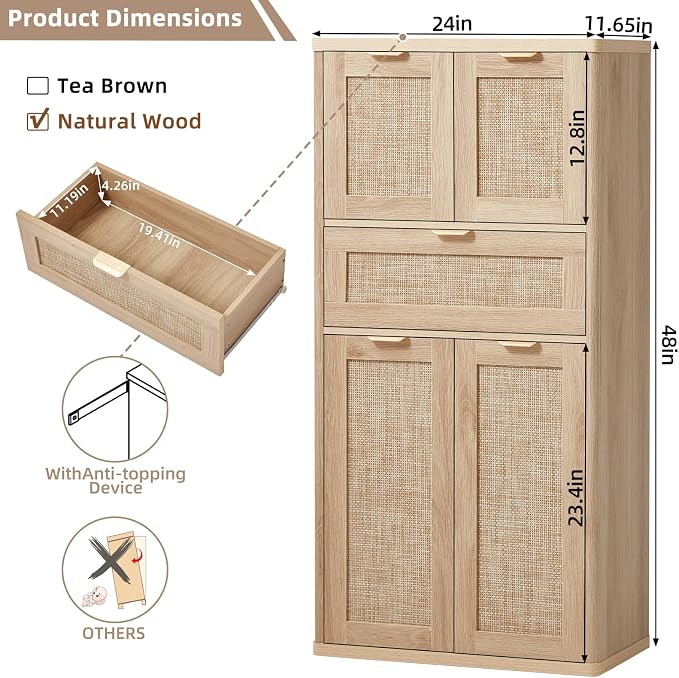 LEYAOYAO 48" Tall Storage Cabinet, Rattan Bathroom Floor Cabinets - Image 2