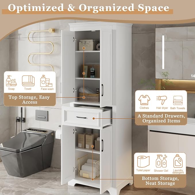 71" Tall Storage Cabinet with Doors and Drawers, Modern Wood Freestanding Tall - Image 6