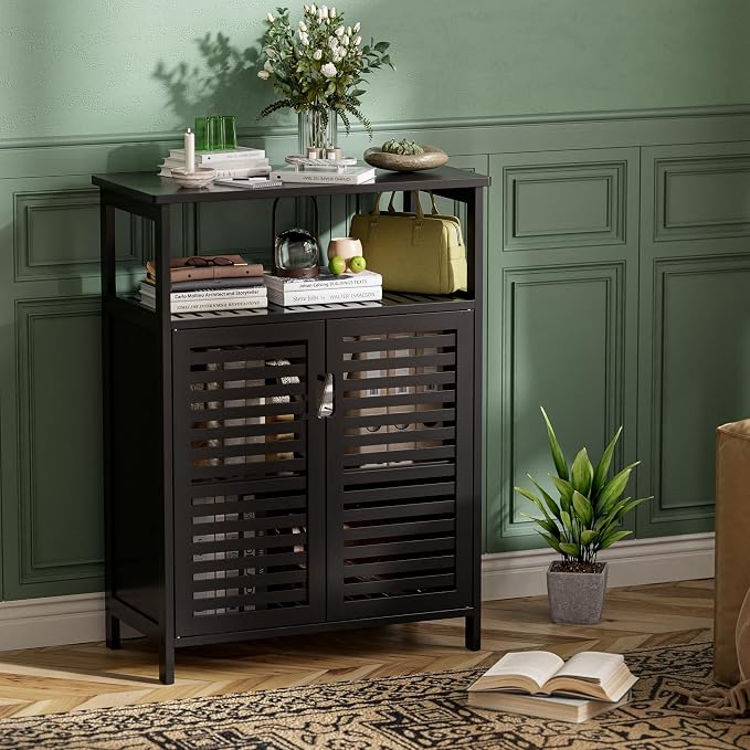 HITNET Black Bathroom Storage Cabinet, Freestanding Bamboo Floor Cabinet 4 Tier - Image 8