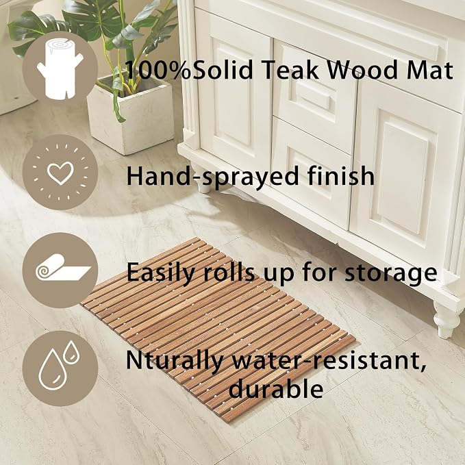 OLDTREE 15.78" W x 23.62" L Foldable Teak Shower Mat, Non Slip, Luxury Wood - Image 3