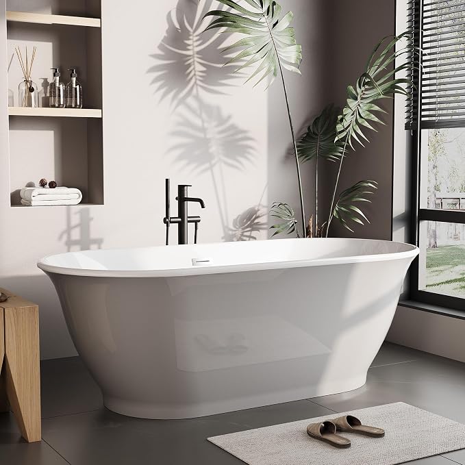 Freestanding Bathtub 67 Inch Acrylic Soaking Tub – Gray Exterior White Interior by Homfan