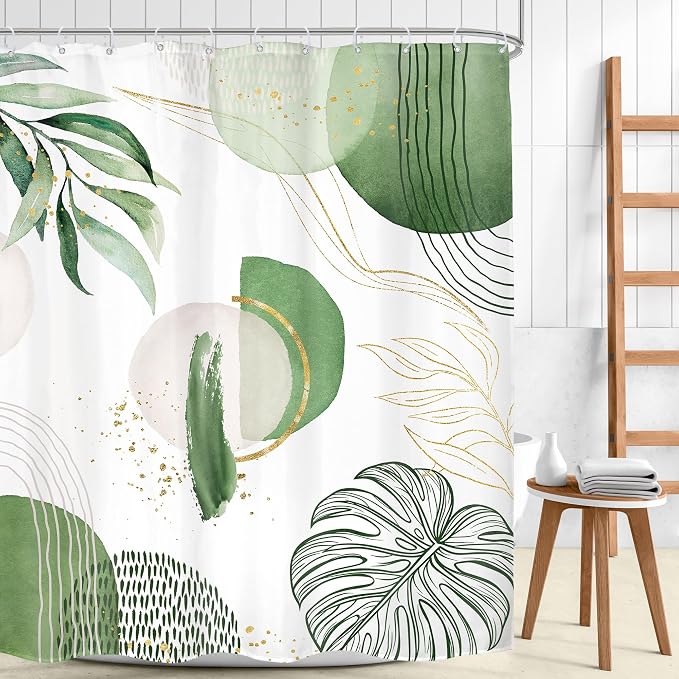 Extra Long Green Boho Shower Curtain 72Wx78H Mid Century Modern Abstract - Image 2