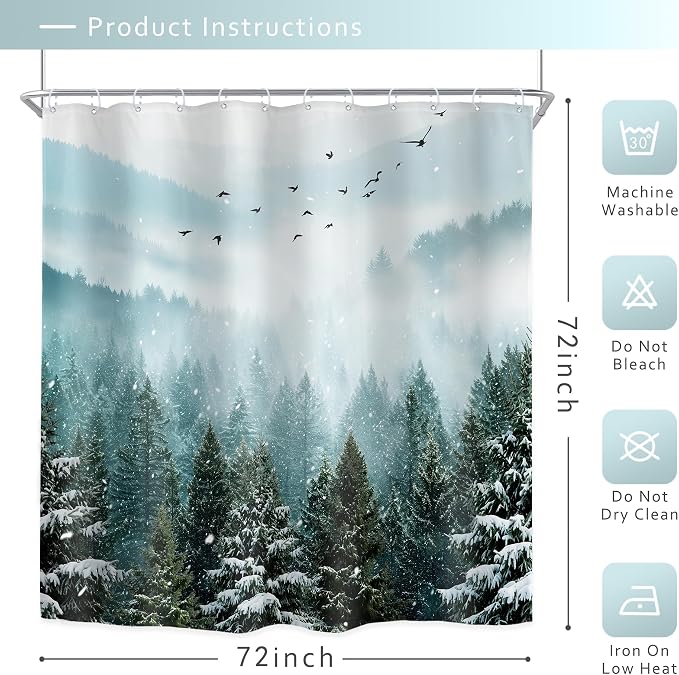 Riyidecor Green Mountain Shower Curtain 72Wx72H Inch Winter Snowy Rustic Sage - Image 4