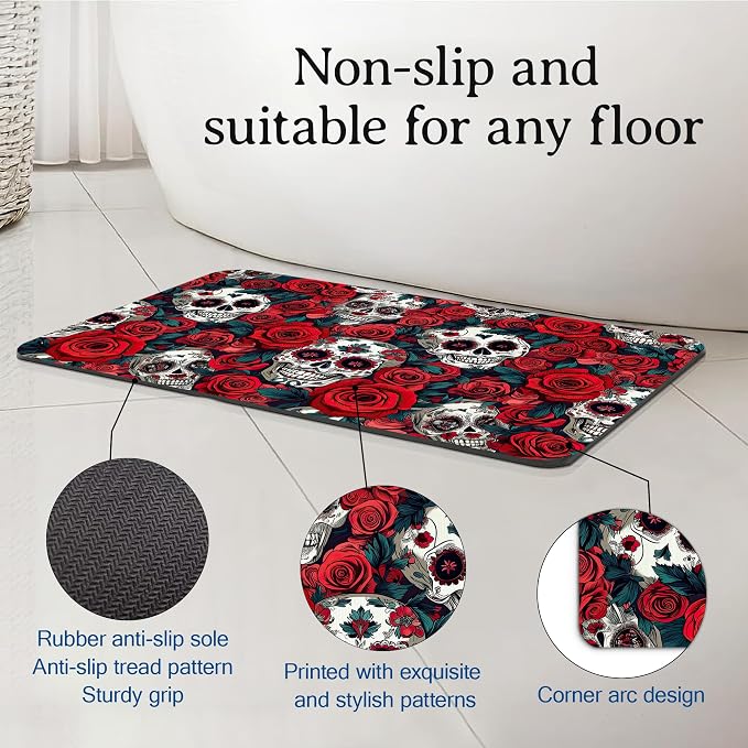 Elightvap Skull Red Rose Bathroom Rugs Mat Non Slip Absorbent Quick Dry Rug - Image 4