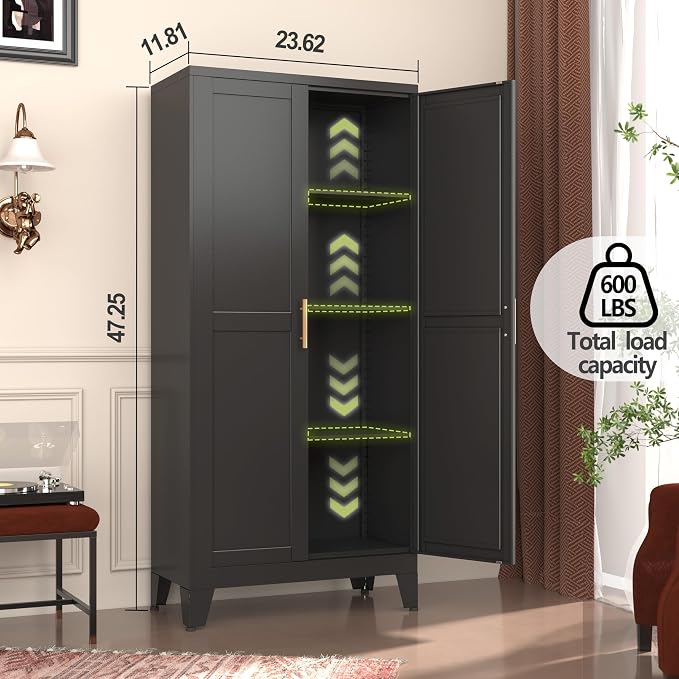 Metal Storage Cabinet With 2 Doors and 3 Adjustable Shelves, Utility Cabinet - Image 2