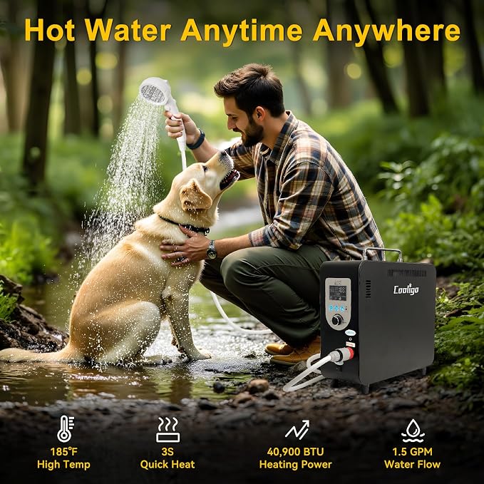 Portable Propane Water Heater for Camping Shower, 900 BTU 4500mAh Rechargeable - Image 2