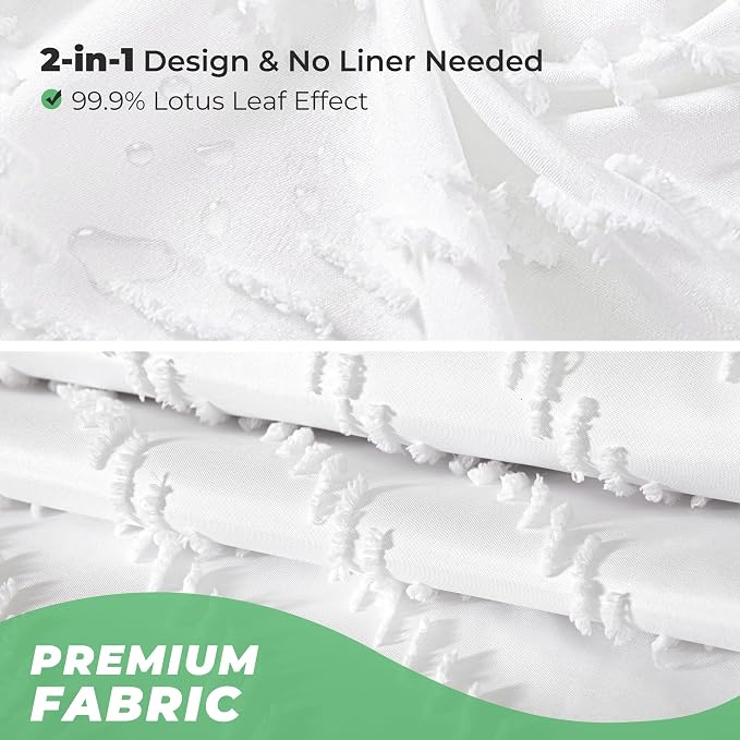 White Boho Fabric Shower Curtain 60 x 72 Modern Shabby Chic Textured Tufted - Image 4