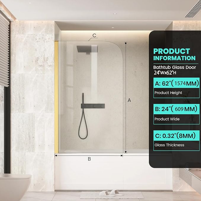 Shower Glass Panel 24" W x 62" H Frameless Bathtub Door Single Fixed Shower - Image 5