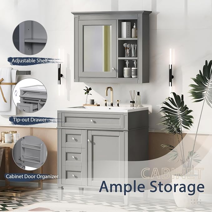 30" Bathroom Vanity with Matching Medicine Cabinet, Modern Sink Storage Cabinet - Image 4