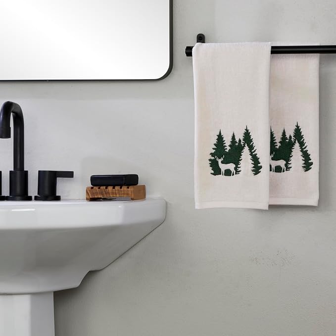SKL Home Christmas/Winter Deer Spruce 100% Cotton Embroidered 2pc Hand Towel Set - Image 4