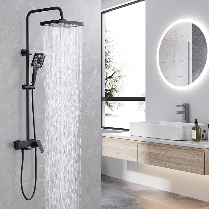 Shower Systems with 12 x8 Inches Rain Shower Head, Matte Black Exposed Pipe - Image 9