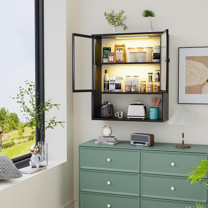 Metal Wall Cabinet with Glass Doors & LED Lights, Wall-Mounted Over-The-Toilet - Image 2