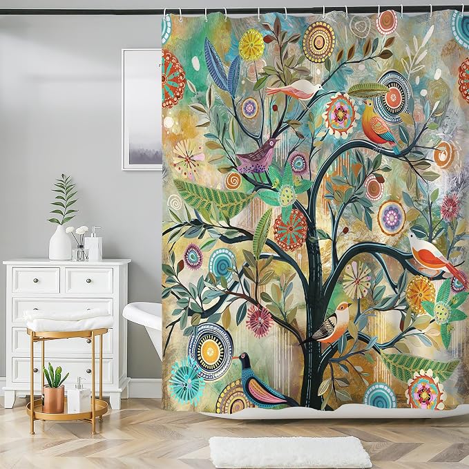 Bohemian Shower Curtain, Boho Floral Print Water Repellent Polyester Fabric - Image 5