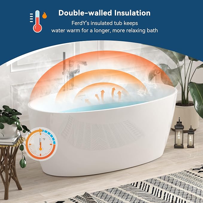 FerdY Tahiti 59" Acrylic Freestanding Bathtub, Elegant Oval Shape Bathtub - Image 2