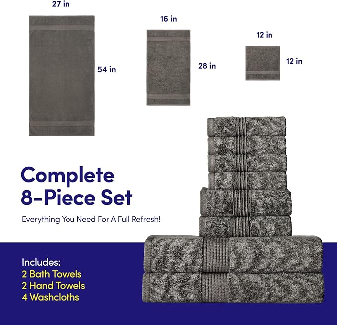 Bath Towels 8 Piece Towel Set – 100% Combed Cotton – Bath + Hand + Washcloths – - Image 2