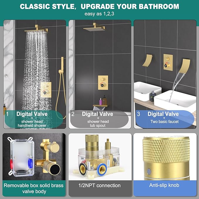 Temperature Display 2 Way Shower Valve Brass Rough-in and Rectangle Trim Kit - Image 4