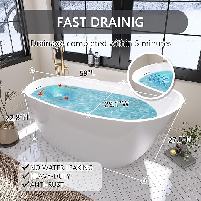 59" Free Standing Tub, Pure Acrylic Freestanding Bathtub, Stylish Stand Alone - Image 6