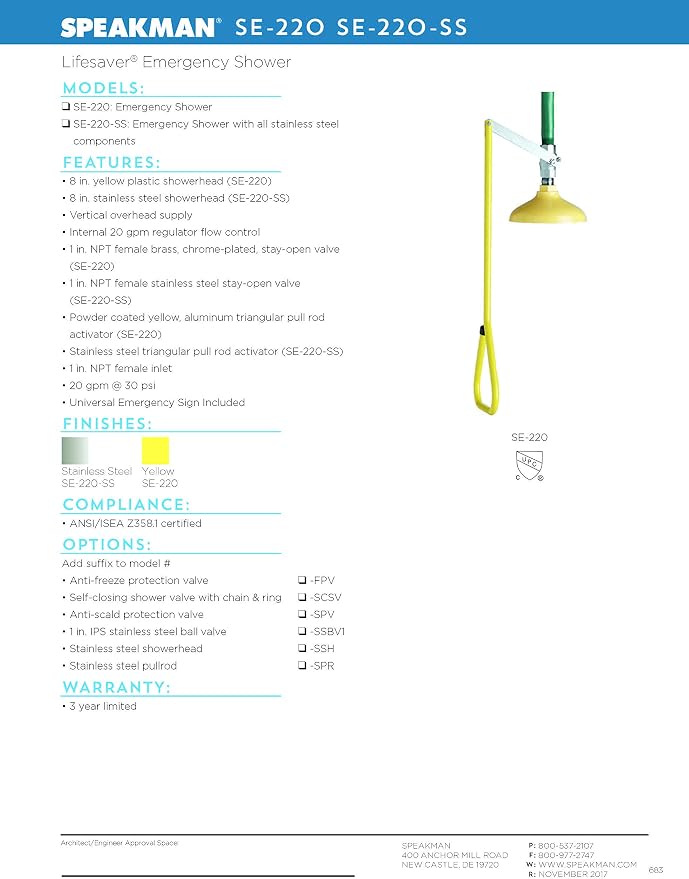 Speakman SE-220-SS Lifesaver Vertical Supply Emergency Shower, Stainless Steel - Image 2