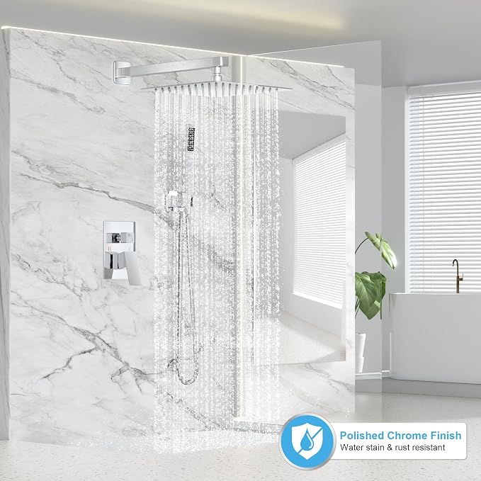 Shower Faucet Set Bathroom Square Rain Shower Head and Handle Set, Wall Mounted - Image 2